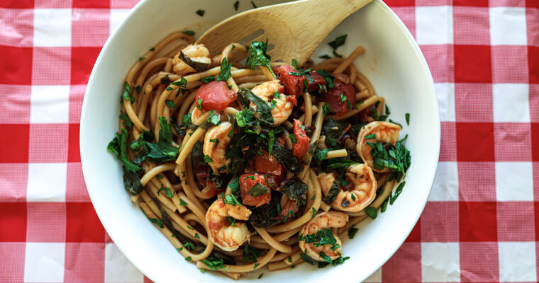 Shrimp and chard diavolo pasta